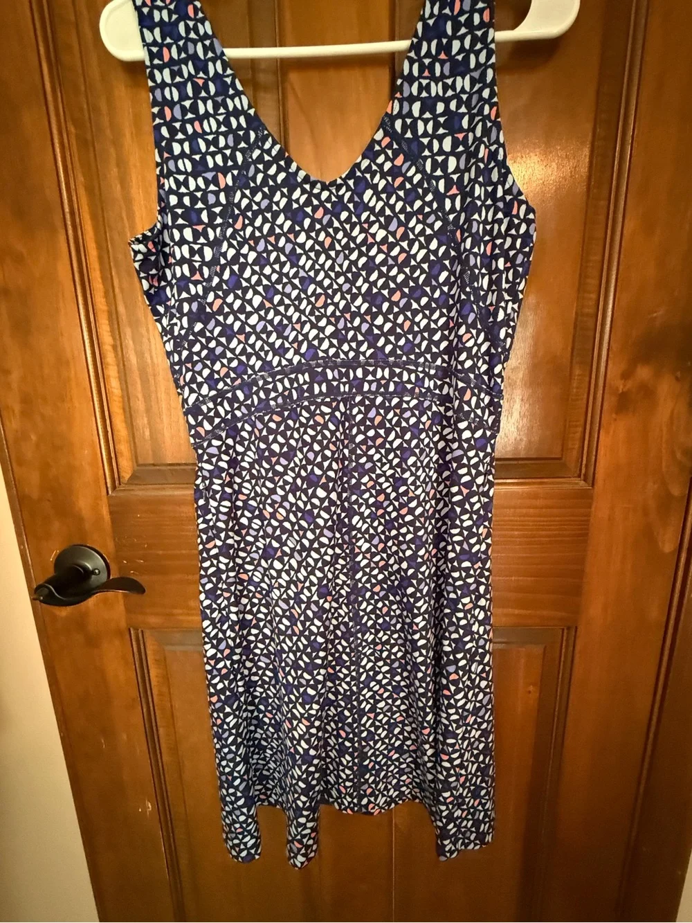 Title Nine Navy Geometric Midi Dress with Coral Accents - Picture 3 of 8